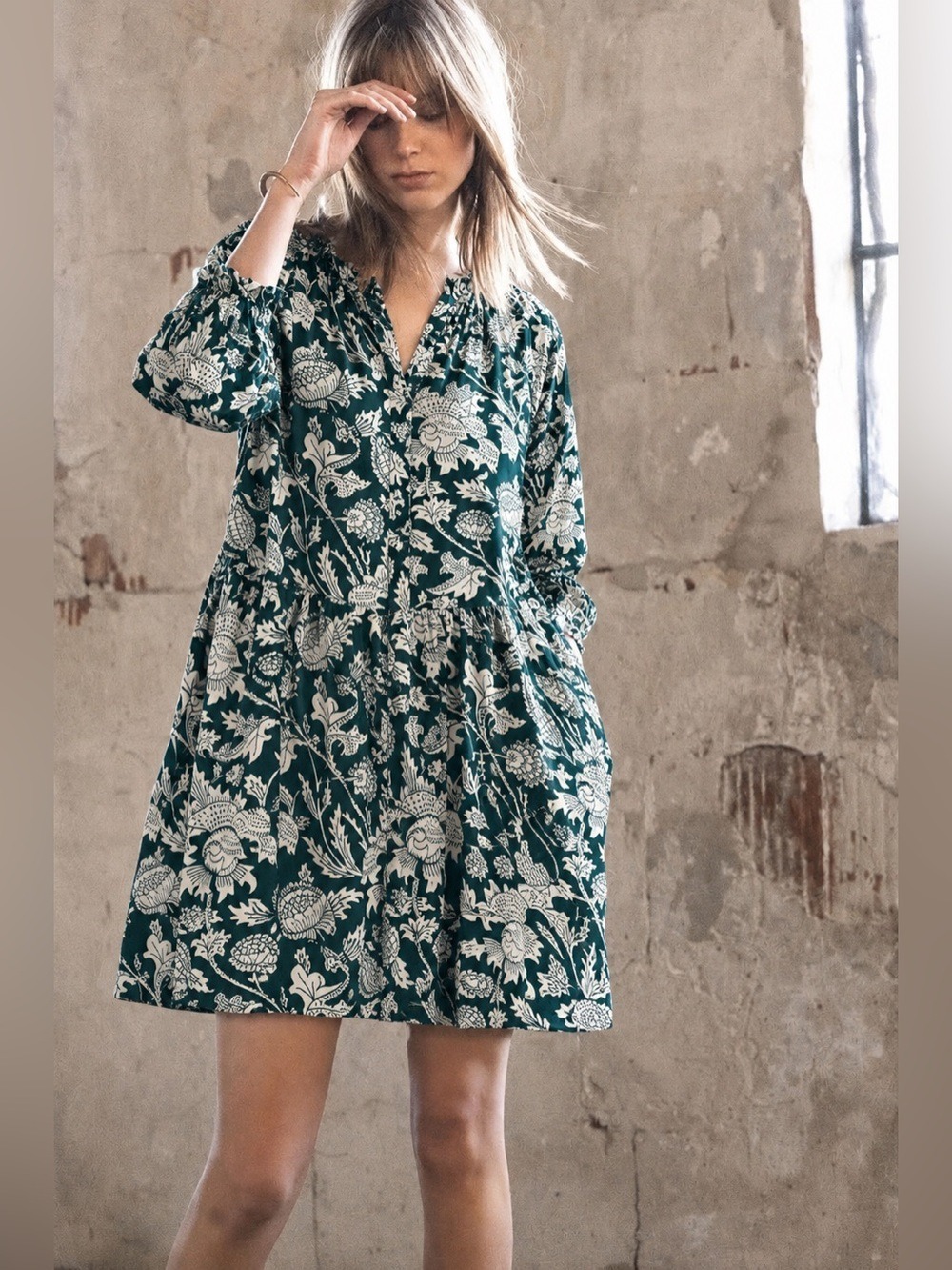 Lilla P Green White Floral Peasant Dress Long Sleeve Pockets Large